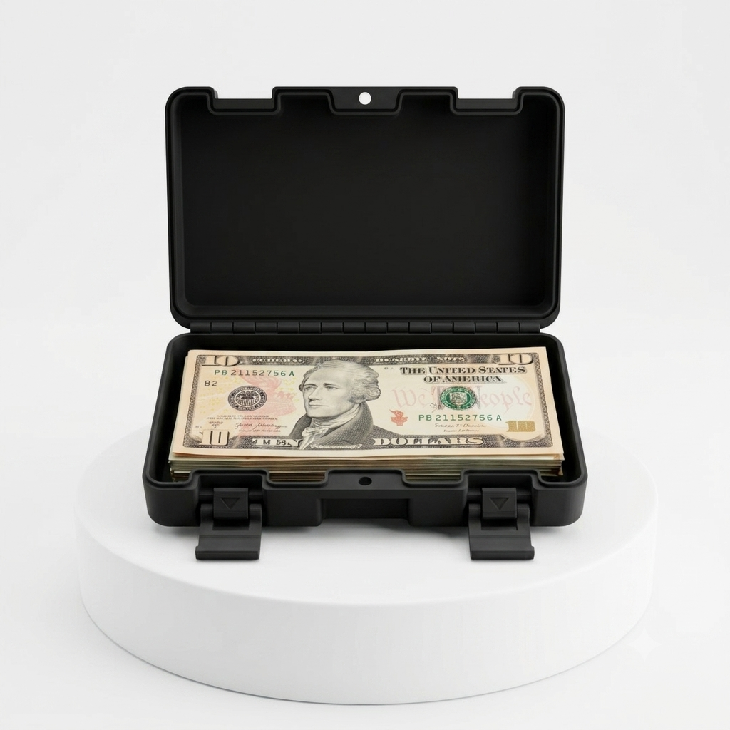 A black hard plastic carrying case with the lid open, holding a stack of U.S.
