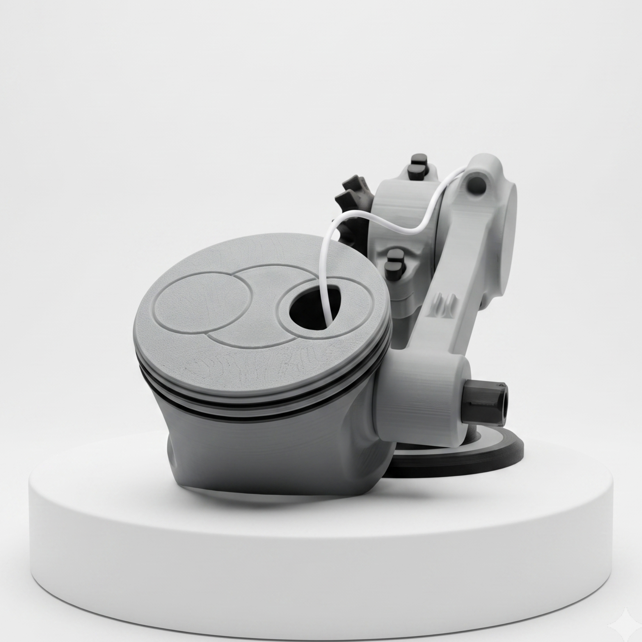 A 3D-rendered mechanical part, resembling a piston and connecting rod assembly, shown in gray tones on a white cylindrical pedestal against a light gray background.
