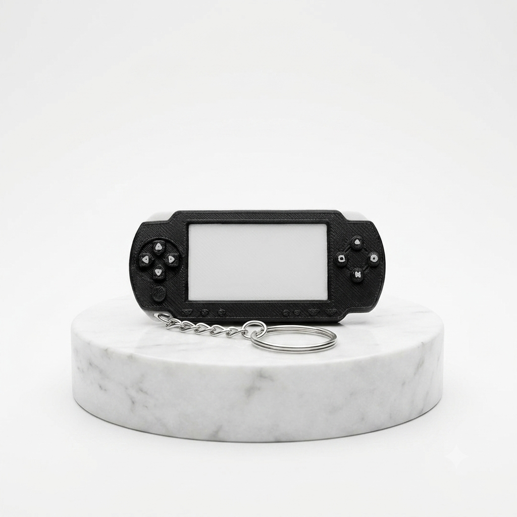 A miniature black handheld gaming console keychain with a silver split ring, displayed on a round white marble pedestal against a clean white background.
